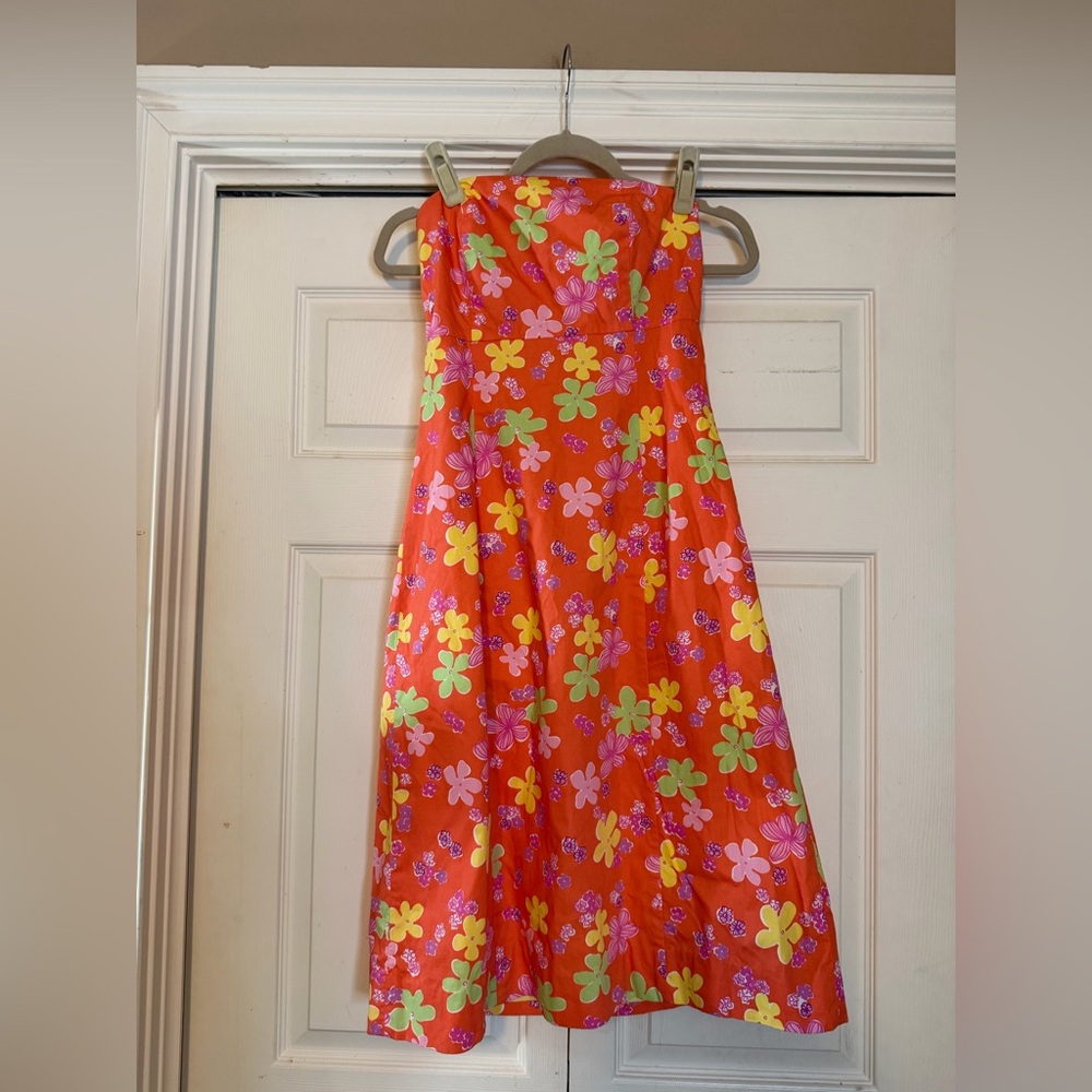 Lilly Pulitzer Coral Sabrina Flower Floral Dress Strapless Tie Back Lined Size 4